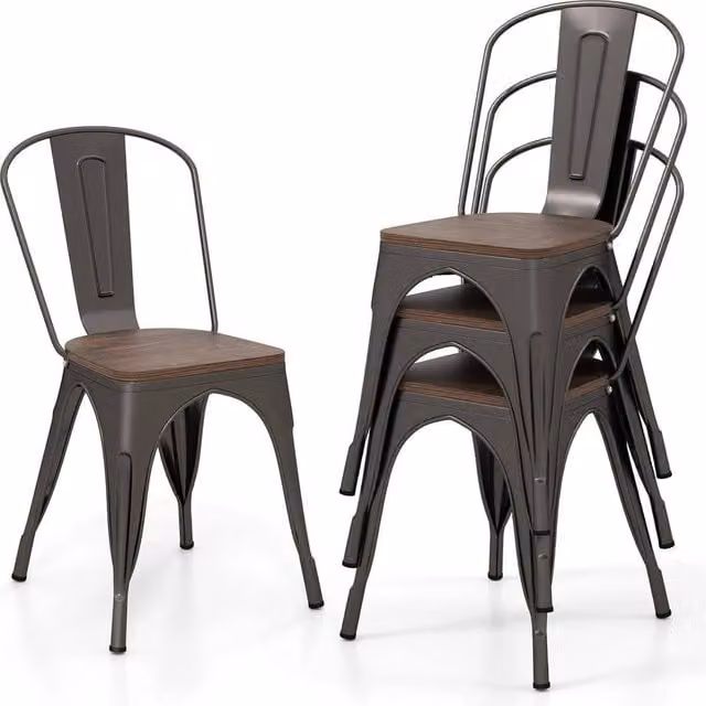 KORVIXA Set of 4 Stackable Industrial Metal and Wood Dining Chairs in Brown