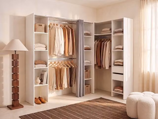 Vente-unique DORIAN Extendable Corner Wardrobe with Roll Shutter Doors in White and Grey, H 205 cm x W 164-234 cm x D 141 cm – 1