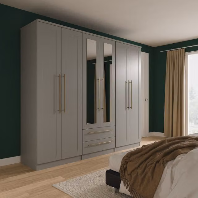 Haworth Ready Assembled Tall 6 Door 2 Drawer Wardrobe with Mirrors in Dusk Grey