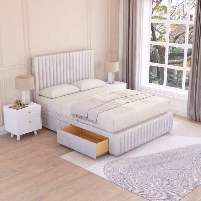 Sloomy Madison Divan Bed Base with 2 Drawers, 12 inch Footboard and 26 inch Struts Headboard, Silver, W/D/H: 120 x 200 cm