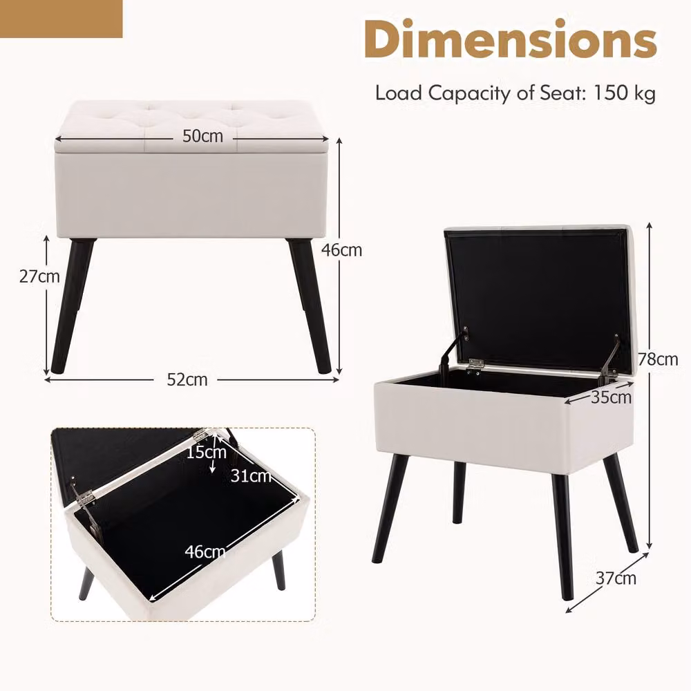 Costway Velvet Flip Top Storage Ottoman Stool with Solid Wood Legs in Beige – 2