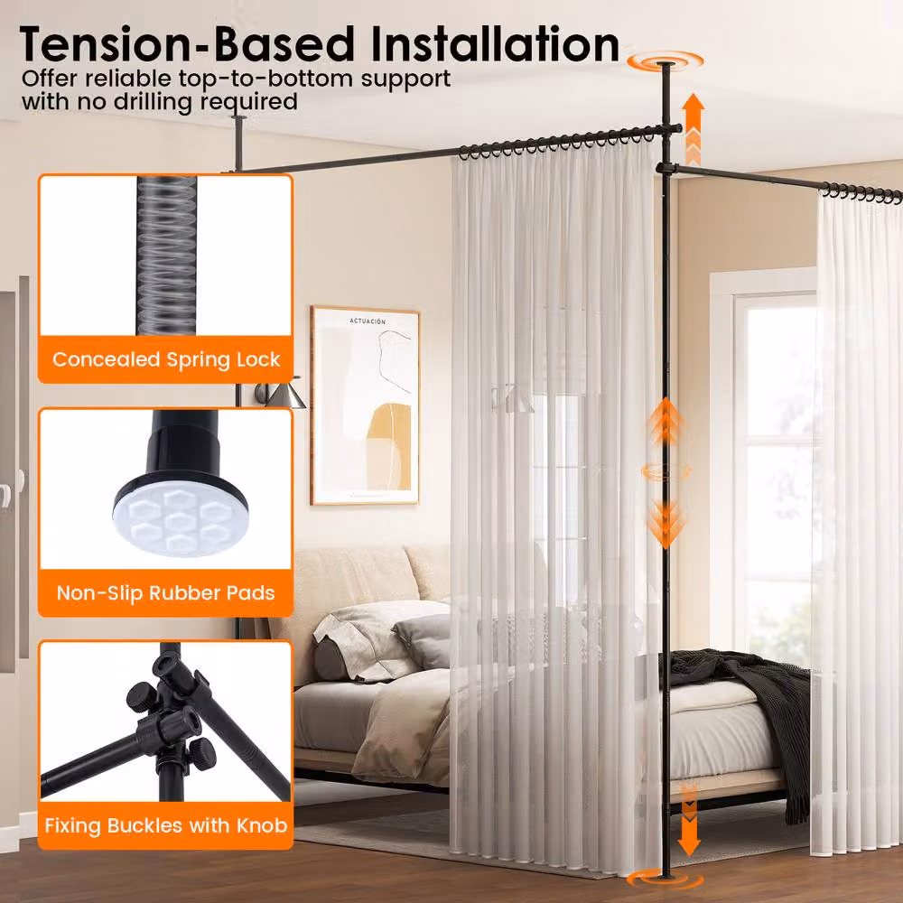 Costway L-Shape Adjustable Floor to Ceiling Room Divider Curtain Tension Rod in Black Metal – 4