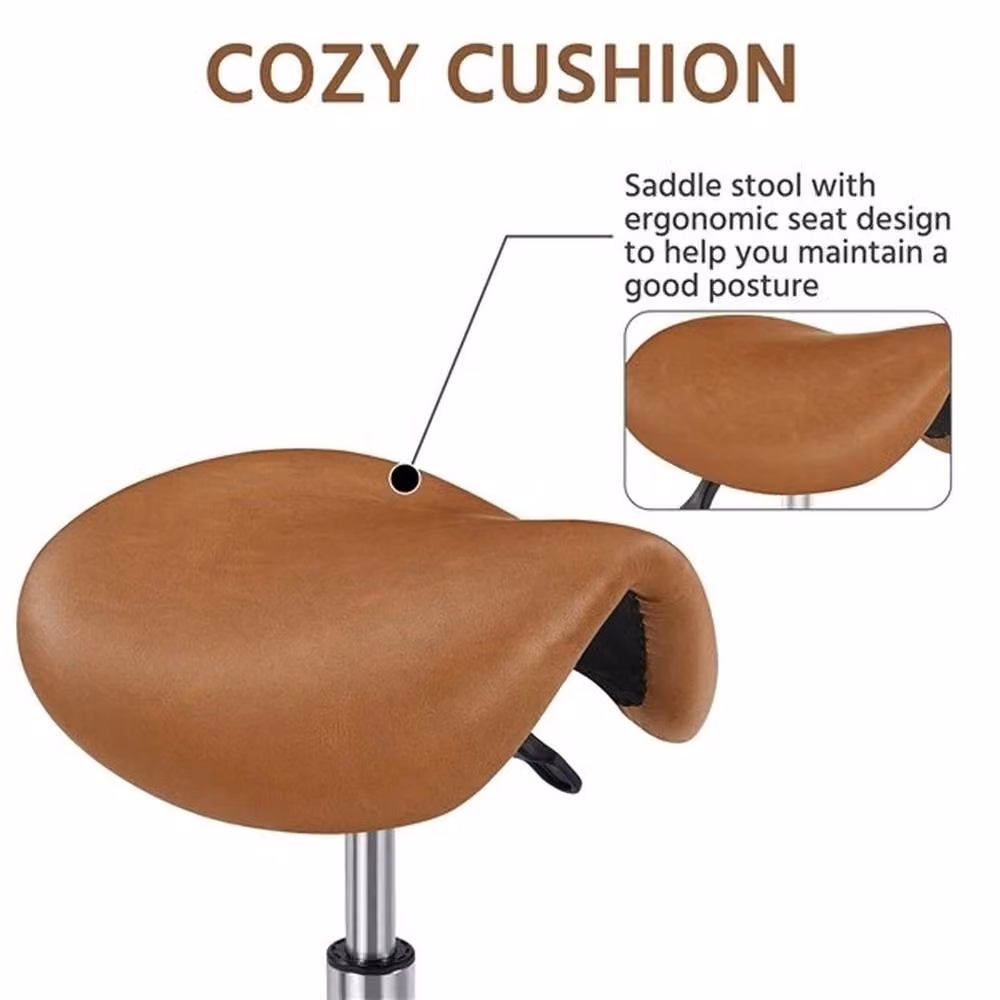 KORVIXA Brown PU Leather Rolling Salon Saddle Stool with Castors – 4