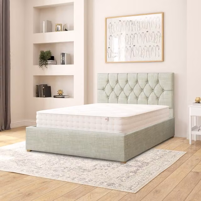 Aspire Olivier Fabric Ottoman Storage Bed in Eau De Nil Blue/Green, W/D/H: 140 x 200 cm