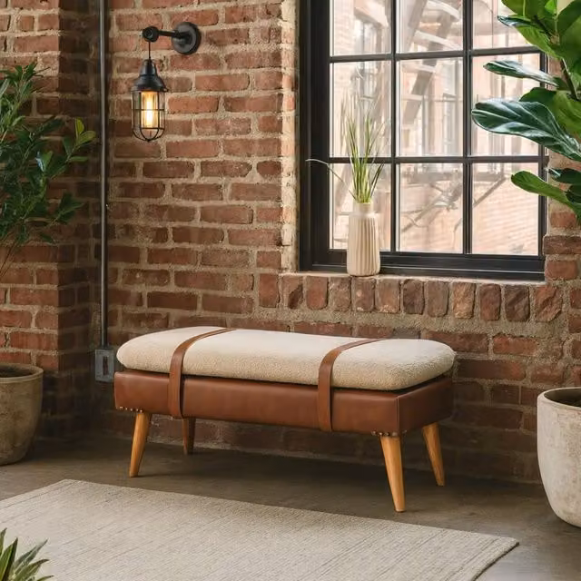 Wyld Haus Alghero Bouclé Bench with Buffalo Leather Strap and Oak Legs in Brown and Beige – 1
