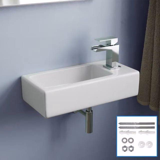 Nes Home White Ceramic Rectangular Wall Hung Small Cloakroom Basin with Fittings, W: 37.5 cm, D: 18.5 cm
