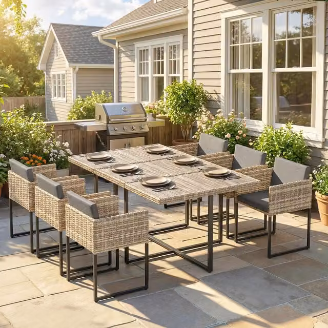 Outsunny Seven Piece Modern Rattan Garden Furniture Set with Rectangular Table in Brown