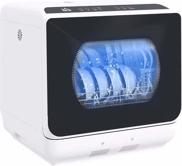 HOMCOM Countertop Dishwasher with 4 Place Settings and 6 Programs, Black and White