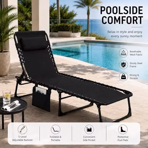 SHATCHI Black Folding Sun Lounger with 5-Position Adjustable Headrest and Textilene Fabric, W/D/H: 185 x 120 x 58 cm – 8