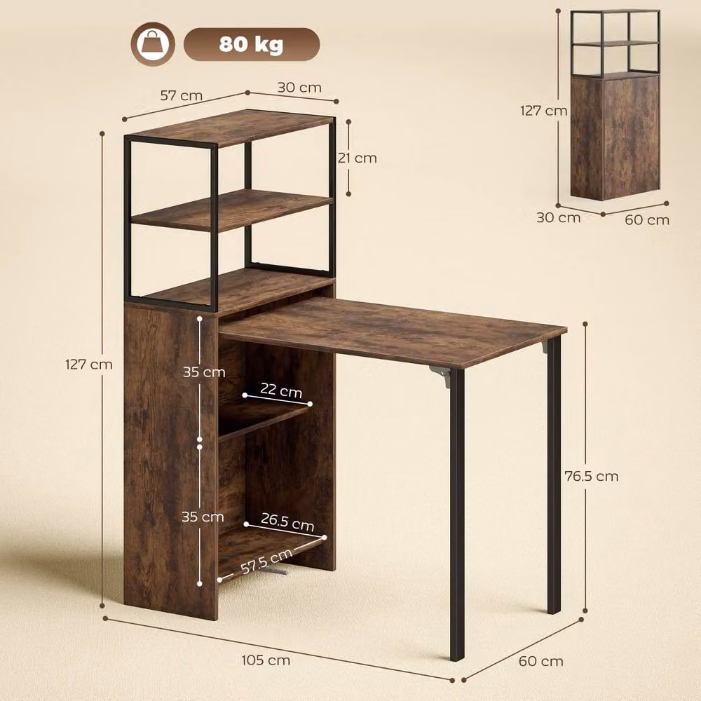 Wyld Haus Serana Folding Writing Desk in Brown and Black with Integrated Shelving, W: 105 cm – 4