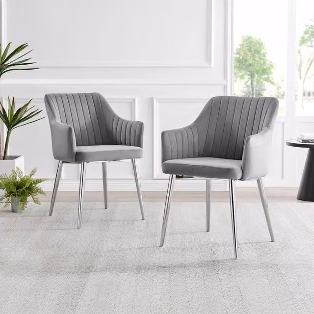 FurnitureboxUK Set of 2 Calla Modern Dining Chairs Upholstered in Grey Velvet with Silver Chrome Legs