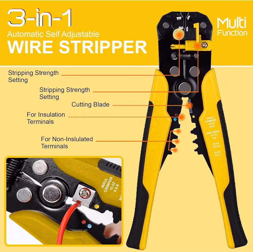 ATEK 3-in-1 Electrical Wire Strippers, Cutters and Terminal Crimper in Yellow – 5