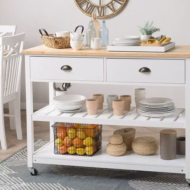 Wyld Haus Nordic Kitchen Trolley in White with Warm Rubberwood Top, Two Drawers and Two Shelves