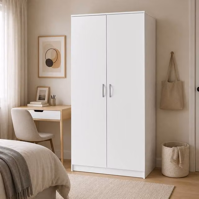 KDMD Chelsea White 2 Door Wardrobe with Internal Shelves and Hanging Rod, H 185 x W 80 x D 50 cm