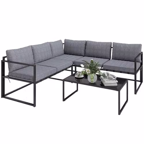Outsunny 3 Piece L Shaped Garden Furniture Set with Upholstered Cushions in Grey – 1