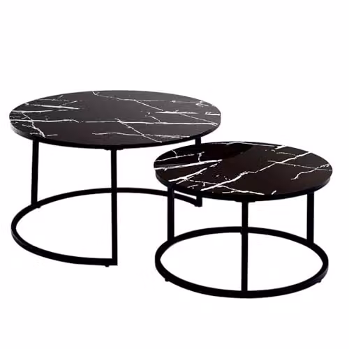 Kosy Koala Set of 2 Round Nest of Tables with Black Glass Tops and Metal Sled Base – 2
