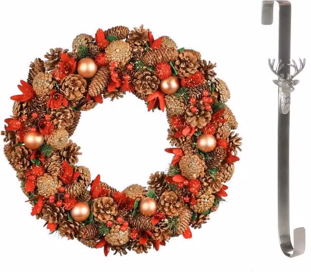 Dibor Giant Canterbury Christmas Wreath with Stag Wreath Hanger, Red, Green, Gold and Multicolour, Diameter: 50 cm – 1