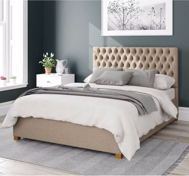 Aspire Nightingale Upholstered Ottoman Storage Bed in Beige Sand Fabric, W/D/H: 180 x 200 cm – 1