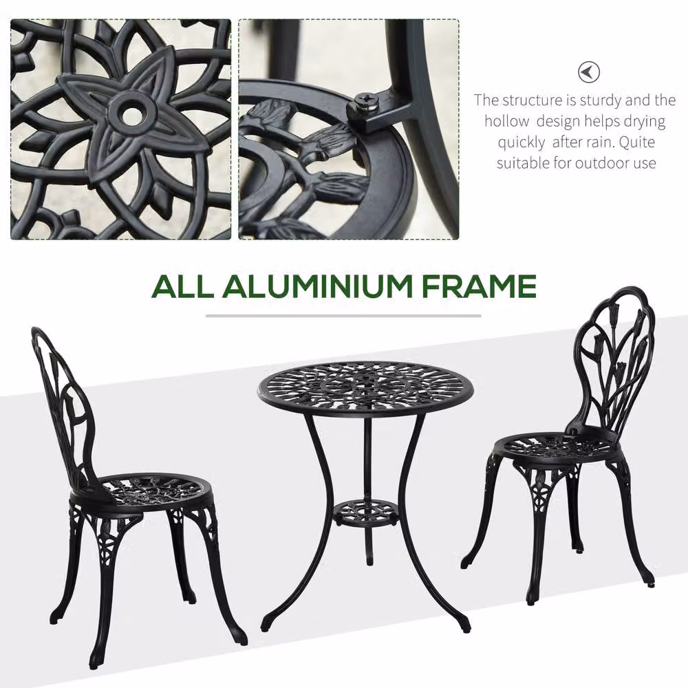 OUTSUNNY 3 Piece Aluminium Bistro Set in Matt Black – 4