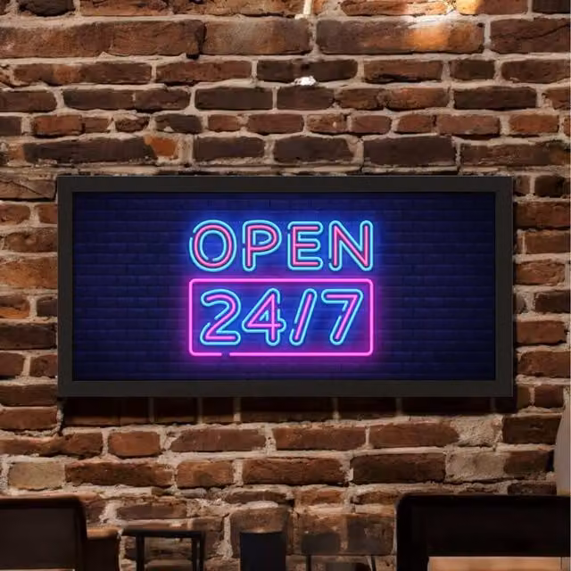 Echo Three Open 247 Neon Sign Typography Wall Art Framed Print in Black