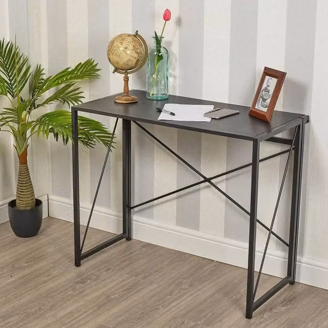 FORGEVIO Black Wooden Folding Computer Desk with Steel Legs