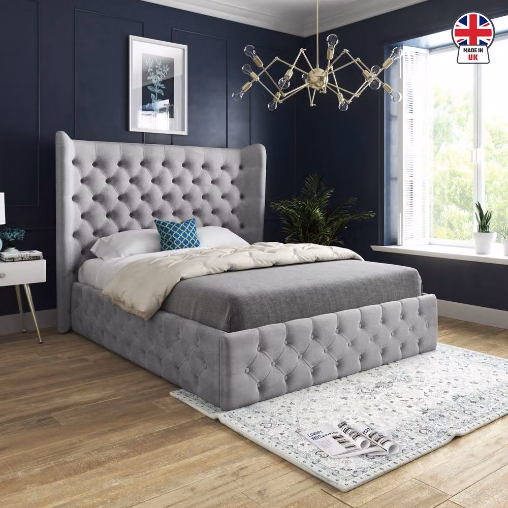KDMD Lawford Wide Winged Upholstered Grey Velvet Designer Bed Frame, Size: King (180 x 200 cm) – 3