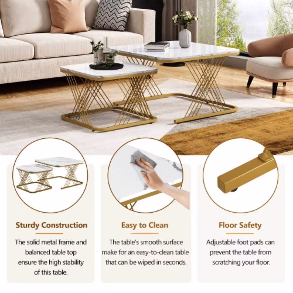 PAWNORA Square Nesting Coffee Table Set of 2 in White with Marble Tops and Metal Sled Base – 3