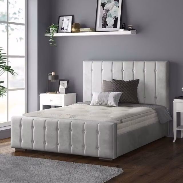 IH Design Anastasia Striped Plush Velvet Single Bed Frame in Silver