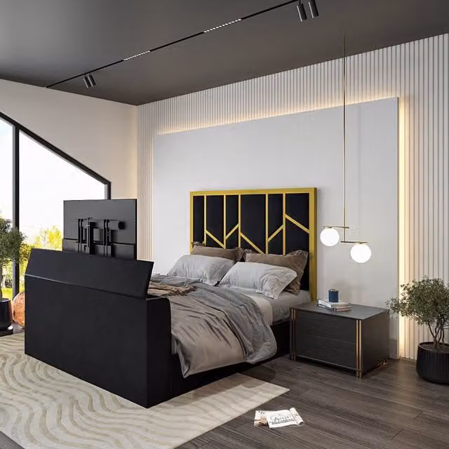Casani Anji Luxe Metal TV Bed Frame in Charcoal Fabric, W/D/H: 140 x 200 cm