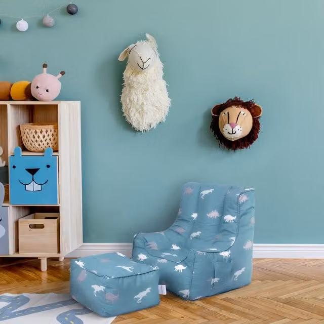 Ready Steady Bed Rex Kids Printed Bean Chair with Footstool in Blue Cotton Fabric
