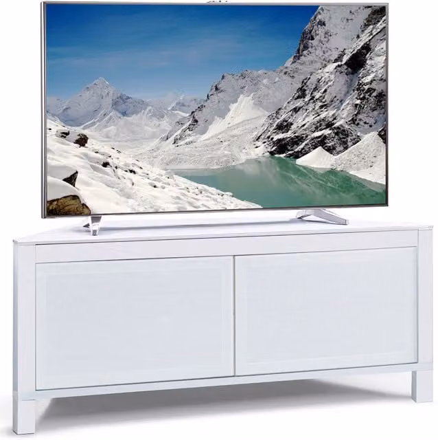 MDA Designs Volans Corner TV Cabinet in White and Black with Glass Details, W/D/H: 110 x 45 x 45 cm