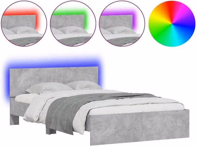 Berkfield Home Double Bed Frame with Headboard, LED Under-Bed Lighting and USB Charging Port, Concrete Grey, W: 135 cm, L: 190 cm – 1