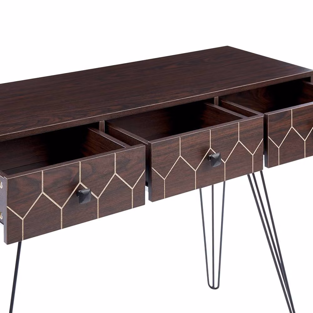 Wyld and Coco 3-Drawer Console Table with Brown Wood Top and Black Metal Frame, W: 110 cm, D: 39 cm, H: 79 cm – 3