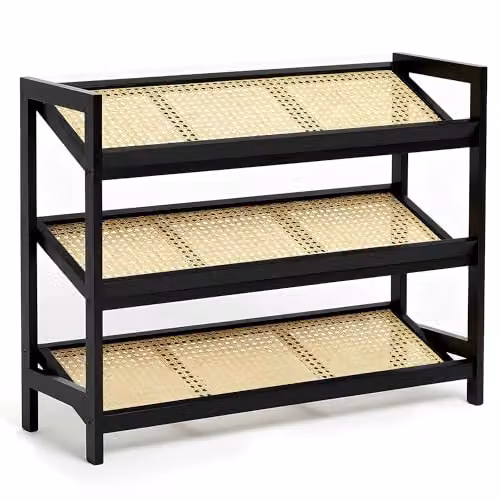 Keplin 3-Tier Bamboo and Rattan Shoe Organiser Rack in Black, W: 54 cm, H: 70 cm, D: 29 cm – 9