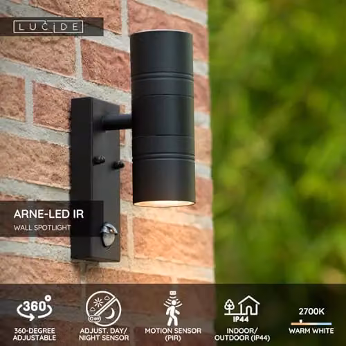 Lucide Arne-LED IR Black Wall Spotlight with Motion and Day/Night Sensor, IP44 Rated for Indoor and Outdoor Use, GU10 LED, 2700K Warm White – 2