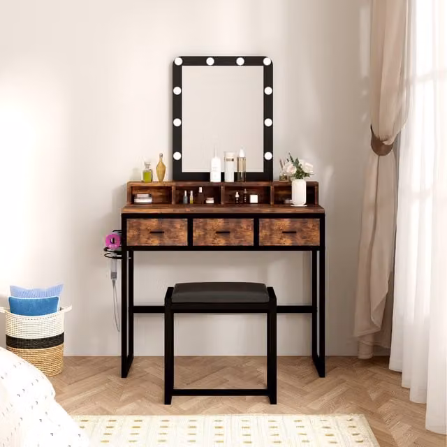HMD Vintage Brown 3 Drawer Dressing Table and Stool Set with Hollywood LED Mirror