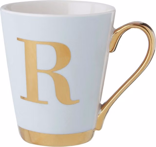 Orsina White and Gold Frosted Deco R Letter Monogram Bone China Mug