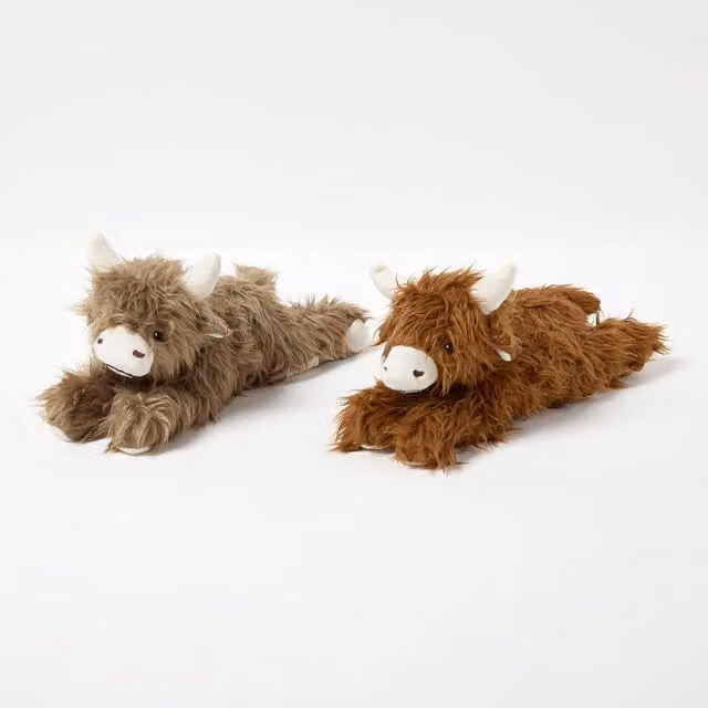 Homescapes Luxury Fabric Highland Cow Doorstop Set of 2 in Grey, White and Brown