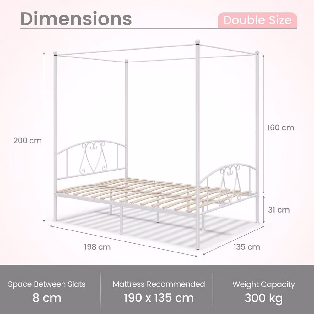 Costway Modern Metal Canopy Bed Frame in White, W/D/H: 140 x 200 cm – 2