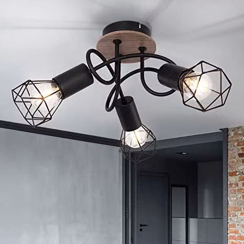 Netlighting Xara I Multi Arm Semi Flush Ceiling Lamp in Black and Brown with 3x E14 Wood and Metal Accents – 2