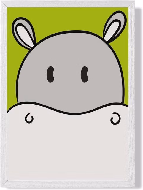 ARTZE Cute Cartoon Style Hippo Face Framed Paper Poster Print in Grey with White Frame, A3