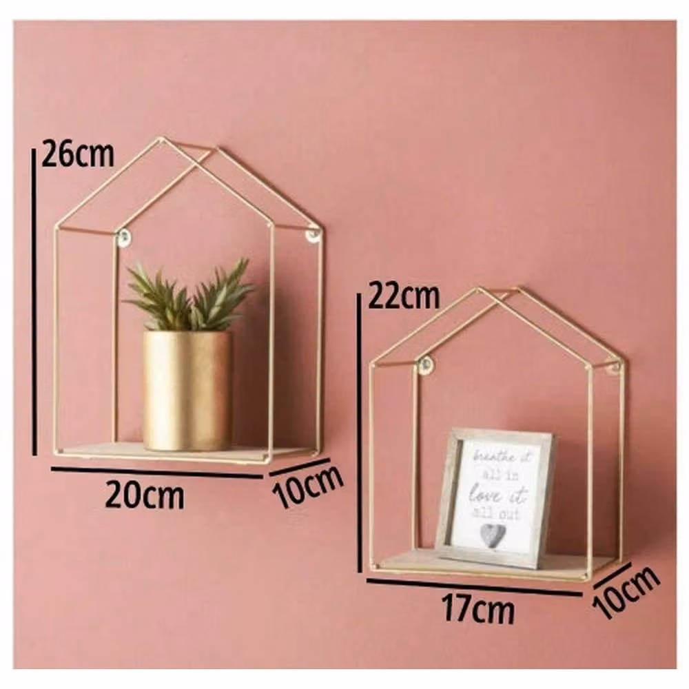 NESTLUNE Home Set of 2 Gold Metal and Wood Wire Wall Floating Shelves, W: 100 cm, D: 15 cm – 2