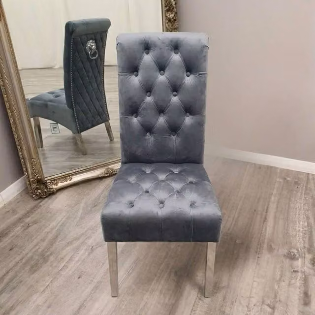 Stratus Interiors Emma Tall Velvet Lion Knocker Dining Chair in Grey, H 107 x W 46 x D 62 cm