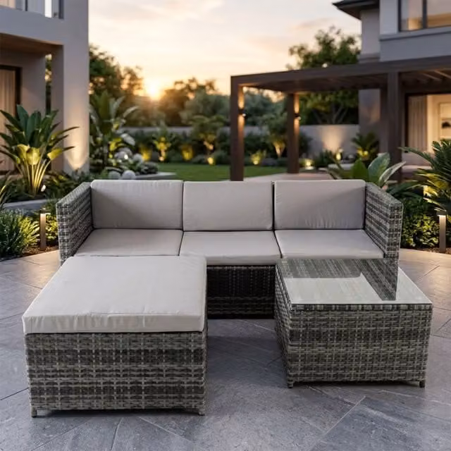 Alivio Grey L-Shape 3-Seater PE Rattan Garden Corner Sofa Set with Coffee Table and UV-Resistant Cushions – 1