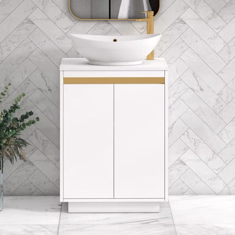 Royal Bathrooms Orion 600mm Matt White Floor Standing 2 Door Vanity Unit with Amaze Basin and Brushed Brass Accent Trim