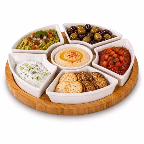 Oypla Rotating Bamboo Lazy Susan Serving Platter with Ceramic Dishes in White and Brown – 2