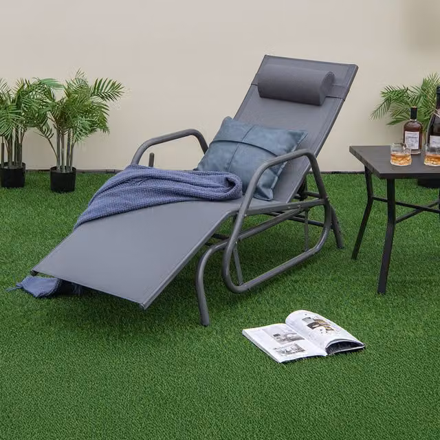 COSTWAY Grey Outdoor Chaise Lounge with Adjustable Headrest and Armrests