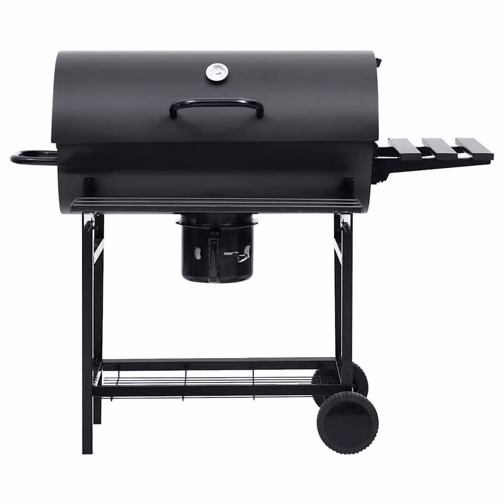 Berkfield Home Black Steel Barrel Charcoal Grill with Wheels, Shelves and Warming Rack, W/D/H: 115 x 85 x 95 cm – 2