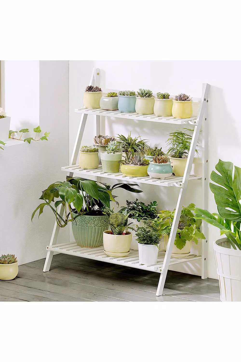 Living and Home 3-Tier Foldable Wooden Ladder Plant Stand in White – 3