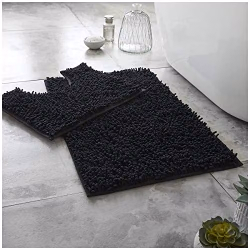Gaveno Cavailia Super Absorbent Chenille Loop Bath Mat and WC Pedestal Mat Set, Black